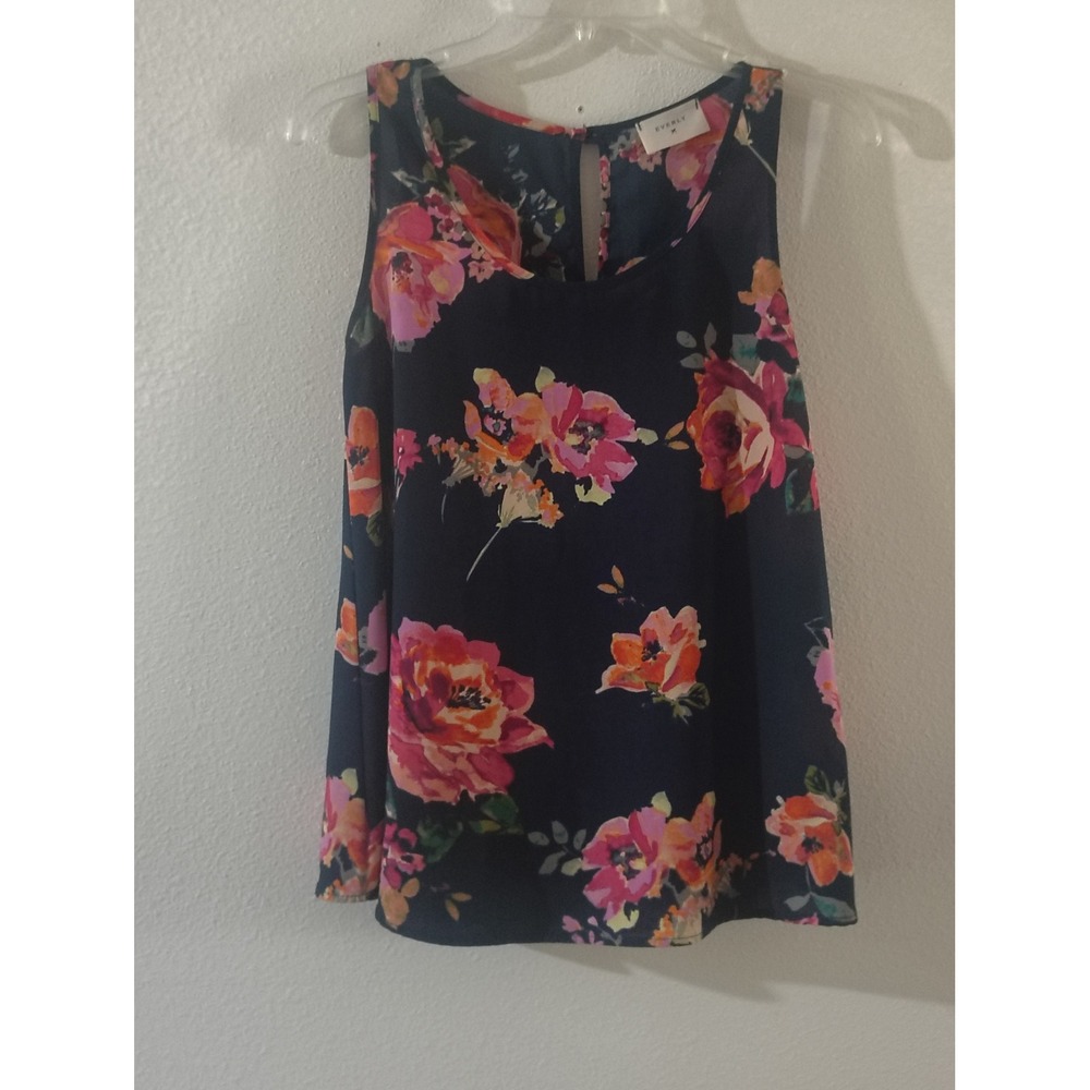 Everly Womens Navy Blue Pink Floral Sleeveless Keyhole Back Blouse Top Size S